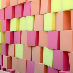 Wall of paralon soft cubes in dry pool, trampoline in the childrens center