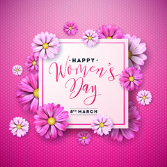 Happy Womens Day Floral Greeting Card Design. International Female Holiday Illustration with Flower and Typography Letter on Abstravt Blue and Pink Background. Vector International 8 March Template.