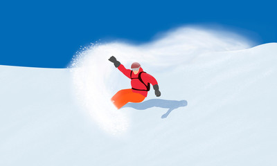 Snowboarding. Illustration of a downhill snowboarder, isolated on snow mountains background.