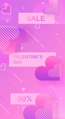 Happy Valentines day futuristic modern pink, red, purple colored background, card, poster or banner template. Heart with shadows, shapes in retro style Vector illustration