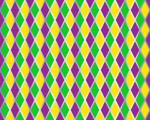 Traditional Mardi Gras seamless pattern with gold, green, yellow and violet colors. Harlequin vector pattern. Carnival Mardi Grass traditional seamless background. Argyle ornament. © SunwArt