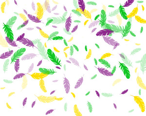 Mardi Gras carnival flying feather vector background. Holiday greeting cards, festive invitations, posters, prints, banners flying plumelet. Mardi Gras feather in green, yellow gold and purple violet.