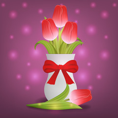 Bouquet of Red Tulips in White Ceramic Vase with Red Bow. Vector Illustration for Your Design.