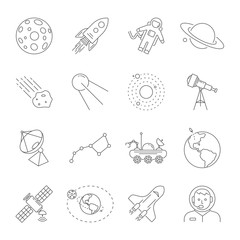 Astronomy and Space symbols collection. Thin line icons of the space theme. Contains such icons as Moon, Saturn, Earth, satellite, telescope, solar system, astronaut, moonrover. Editable Storke. EPS10 © DEFMORPH