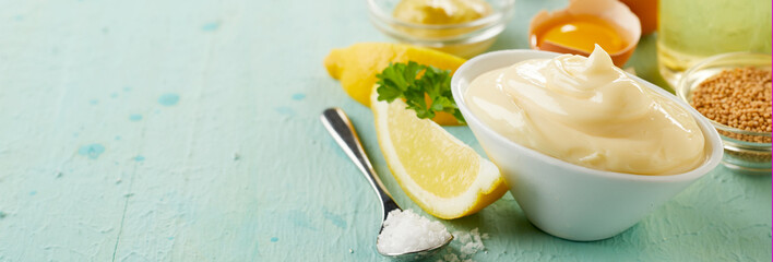 Bowl of creamy smooth gourmet mayonnaise - obrazy, fototapety, plakaty