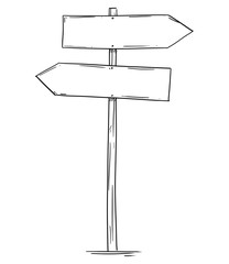 Artistic drawing of old empty or blank wooden two directions road arrow sign. Ready for your text.