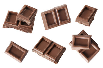 Collection of chocolate pieces, isolated on white background