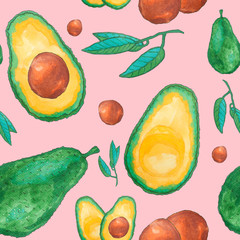 Tropical fruits painting on pink background, seamless pattern with green avocado