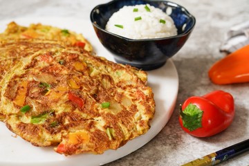 Egg Foo Young served with Jasmine rice