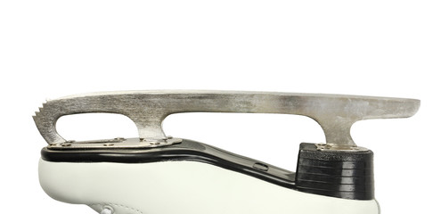 single metal blade of figure skates, woman white leather boot, side view, on isolated white background