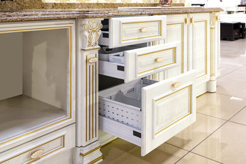 Classic style kitchen and dining room interior in beige pastoral colors