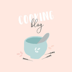 Hand drawn cartoon illustration of kitchen mortar and herbs decorations