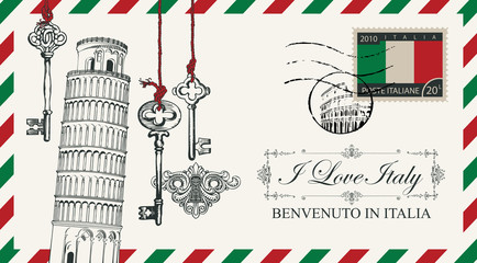 Vector envelope or postcard in retro style with leaning tower of Pisa and old keys, postmark in form of Roman Coliseum and postage stamp with Italian flag. Calligraphic inscription I love Italy - obrazy, fototapety, plakaty
