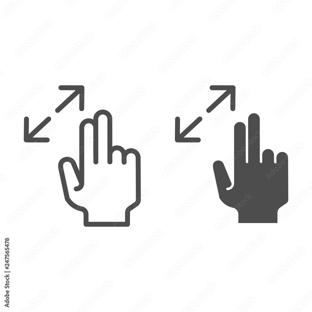 Poster resize gesture line and glyph icon. zoom in vector illustration isolated on white. swipe gesture out