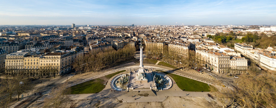 Aerial view Place des Quinconces and circus tent, Bordeaux and the Garonne river