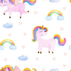 Cute watercolor seamless pattern with unicorn. Nursery unicorns illustration.