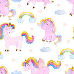 Cute watercolor seamless pattern with unicorn. Nursery unicorns illustration.