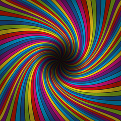 Multicolored lines. Rainbow colored tunnel ending in dark infinity. Colorful lines spiral background Illustration