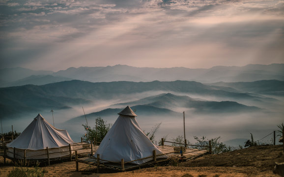 The light a beautiful natural beauty on mountain Accommodation tent Doi Samer-Dao in Nan Province, Thailand.
