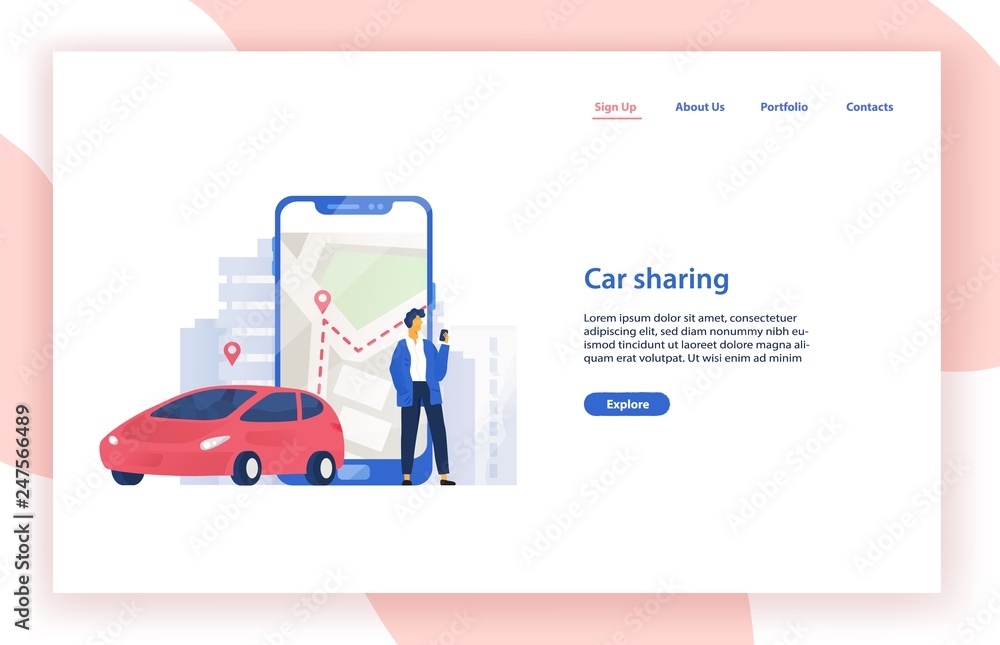 Poster Car sharing service website template with automobile, man standing beside giant smartphone with city map on screen and place for text. Modern vector illustration for mobile application advertisement.