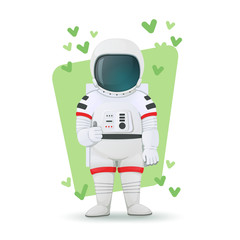 Astronaut making gesture of approval with green check marks in the background. Thumbs up sign. Cartoon character. Vector illustration.