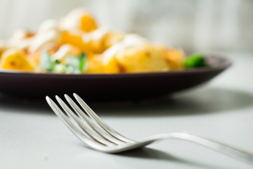 Tasty lunch with a fork in the foreground