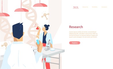 Obraz na płótnie Canvas Web banner template with pair of scientists wearing white coats conducting experiments and scientific research in science laboratory. Vector illustration for medical lab service advertisement.