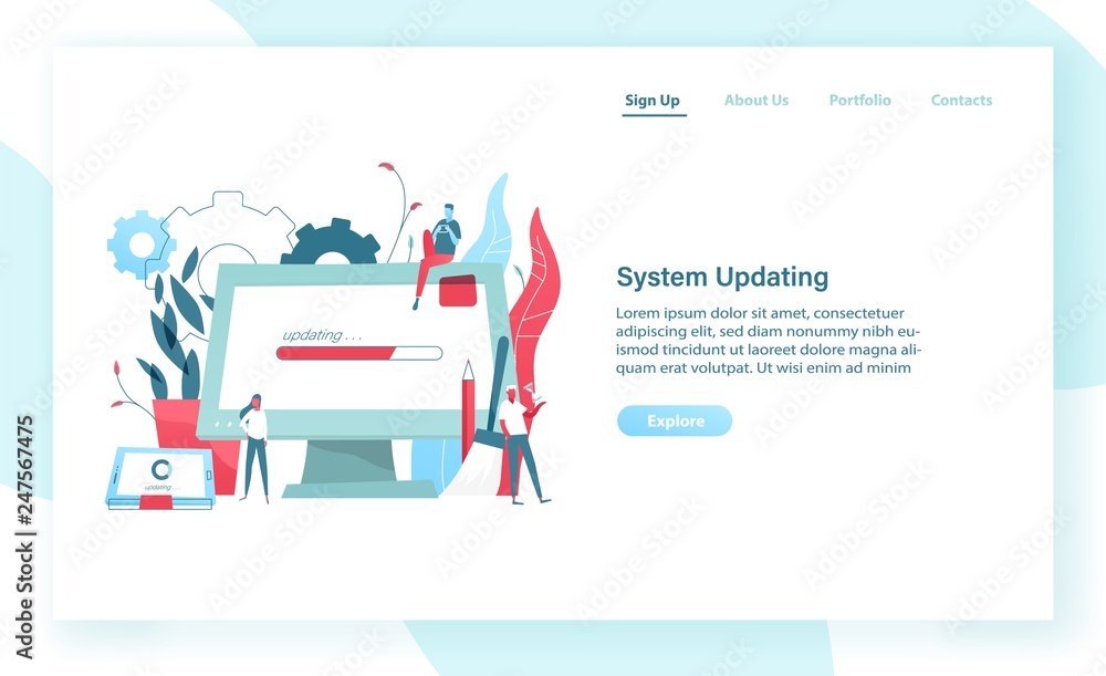Poster Web banner template with giant computer display and tablet PC with progress bar on screen and tiny people. System update or upgrade, software maintenance. Modern vector illustration for advertisement.