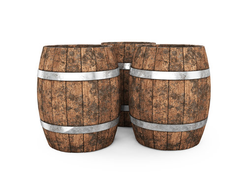 Wooden barrel with iron hoops isolated on white background. 3d rendering. Old barrel with rust on the hoops. Front view