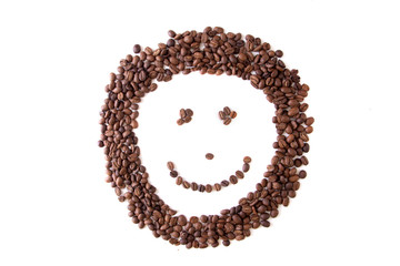 close up brown coffee bean smiley grains, isolated on white