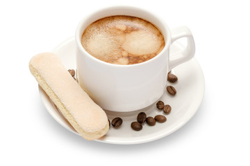 White ceramic cup of coffee with a savoiardi ladyfinger cookie on a plate