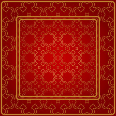 Design Of A Scarf With A Geometric Pattern . Vector Illustration. For Print Bandana, Shawl, Carpet, Tablecloth, Bed Cloth, Fashion. Red gold color