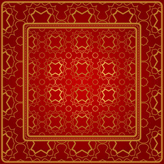 Design Of A Scarf With A Geometric Pattern . Vector Illustration. For Print Bandana, Shawl, Carpet, Tablecloth, Bed Cloth, Fashion. Red gold color