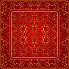 Design Of A Scarf With A Geometric Pattern . Vector Illustration. For Print Bandana, Shawl, Carpet, Tablecloth, Bed Cloth, Fashion. Red gold color