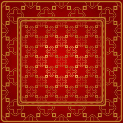 Design Of A Scarf With A Geometric Pattern . Vector Illustration. For Print Bandana, Shawl, Carpet, Tablecloth, Bed Cloth, Fashion. Red gold color