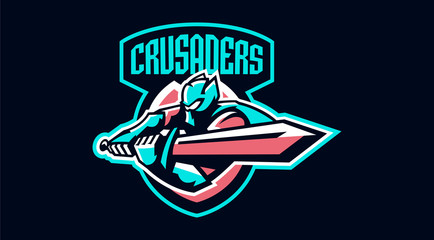 The emblem of a knight waving a sword. Paladin and his sword, a warrior in armor, a swordsman. Vector illustration
