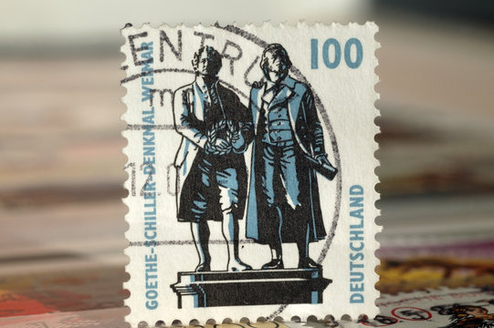Postage stamp of Germany. Edition on Famous people, shows Goethe-Schiller Monument in Weimar, circa 1997