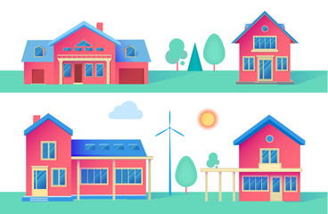 Fototapeta premium House Exterior. Town Landscape. Houses along the Street. Flat Cottages.