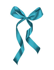 Shiny blue satin gift bow isolated on white background