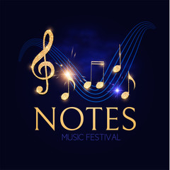 Music Notes and Treble Clef on Stave. Elegant Gold Design Elemant.