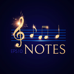Music Notes and Treble Clef on Stave. Elegant Gold Design Elemant.