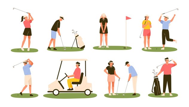 Collection of golf players isolated on white background. Bundle of male and female golfers hitting ball with clubs, driving cart. Outdoor sports or leisure activity. Flat cartoon vector illustration.