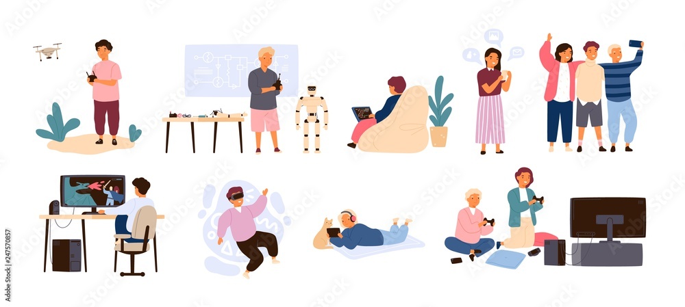 Poster set of cute happy children performing various activities or doing hobbies - playing games on compute