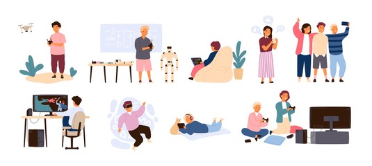 Set of cute happy children performing various activities or doing hobbies - playing games on computer or console, programming, launching drone, wearing VR headset. Flat cartoon vector illustration.