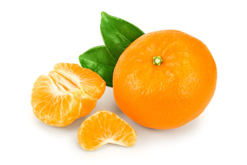 tangerine or mandarin fruit with leaves isolated on white background