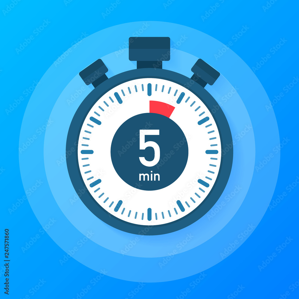 Poster the 5 minutes, stopwatch vector icon. stopwatch icon in flat style, timer on on color background. ve