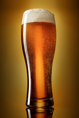 Glass of classic lager beer on gradient yellow to brown background. Studio shot.