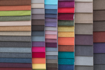 Colorful upholstery fabric samples in store