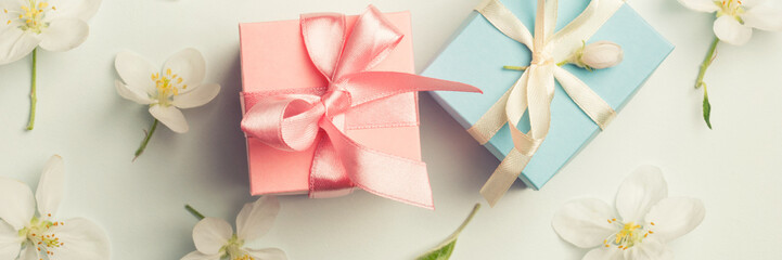 two gifts surrounded by Apple white flowers. blue and pink presents. gentle background top view.