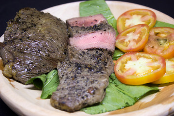 Medium Roast Steak on wooden plate 